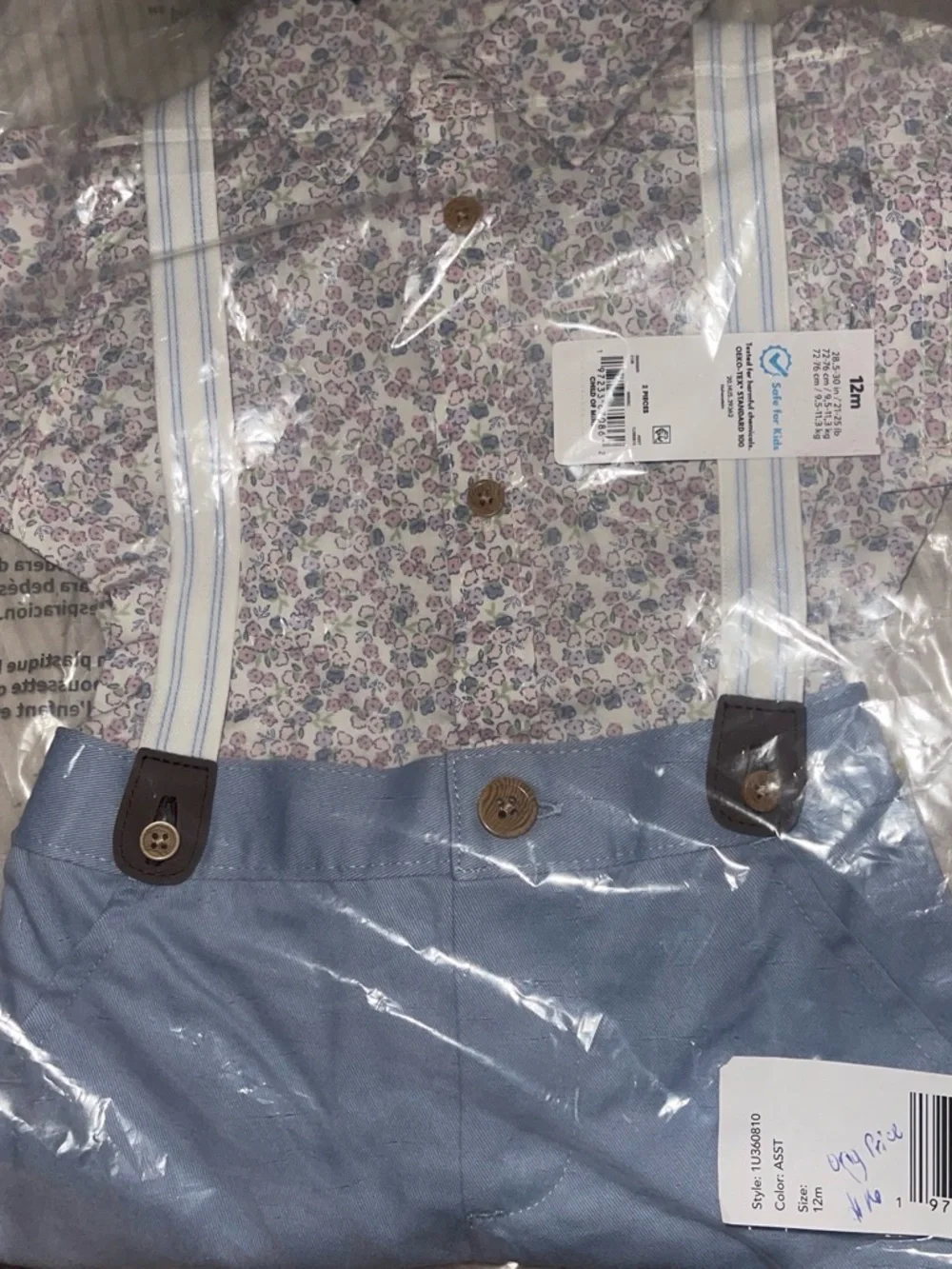 Carter's Blue Shorts with Floral Button-Up Shirt and Striped Suspenders